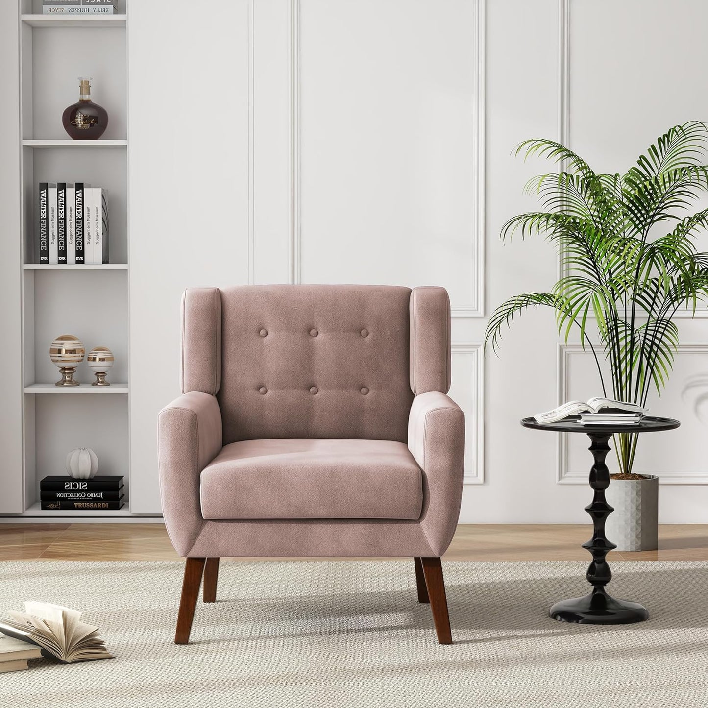 UIXE Accent Chair, Velvet Upholstered Armchair for Living Room, Modern Club Arm Chairs Comfy Single Sofa Button Tufted Bedroom Reading Seat - Skin Pink, Set of 4
