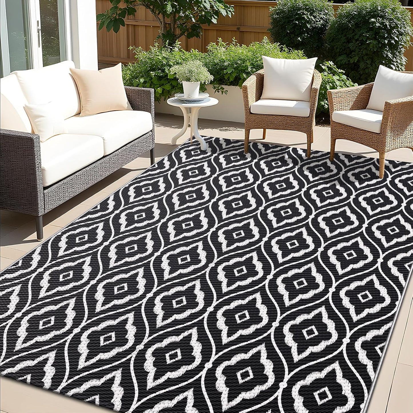 OLANLY Outdoor Rug 9x12 ft Waterproof, Outdoor Plastic Straw Rug with Geometric Pattern Clearance, Reversible RV Mat for Patio, Camping, Balcony, Deck, Backyard, Black & White