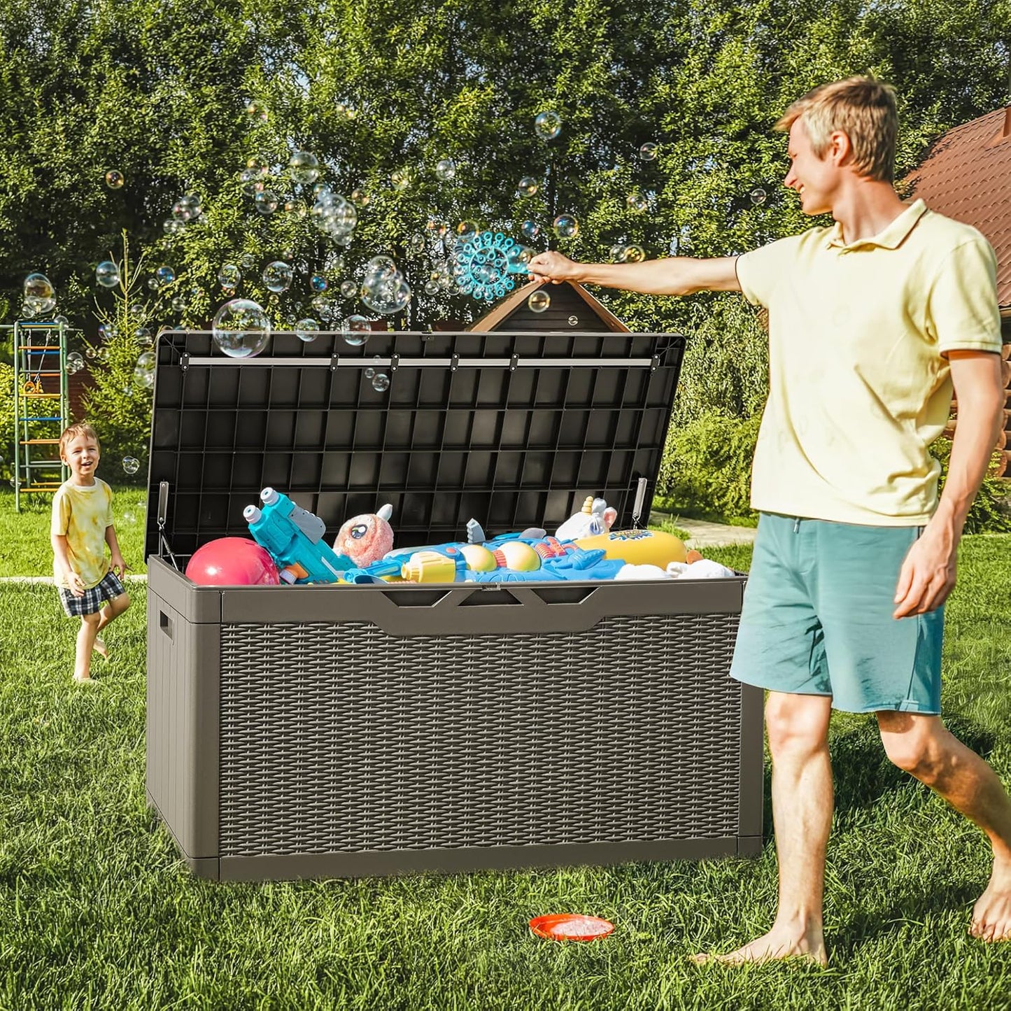 Greesum 100 Gallon Resin Deck Box Large Outdoor Storage with Cushions for Patio Furniture, Garden Tools, Pool Supplies, Weatherproof and UV Resistant, Lockable, Light Coffee