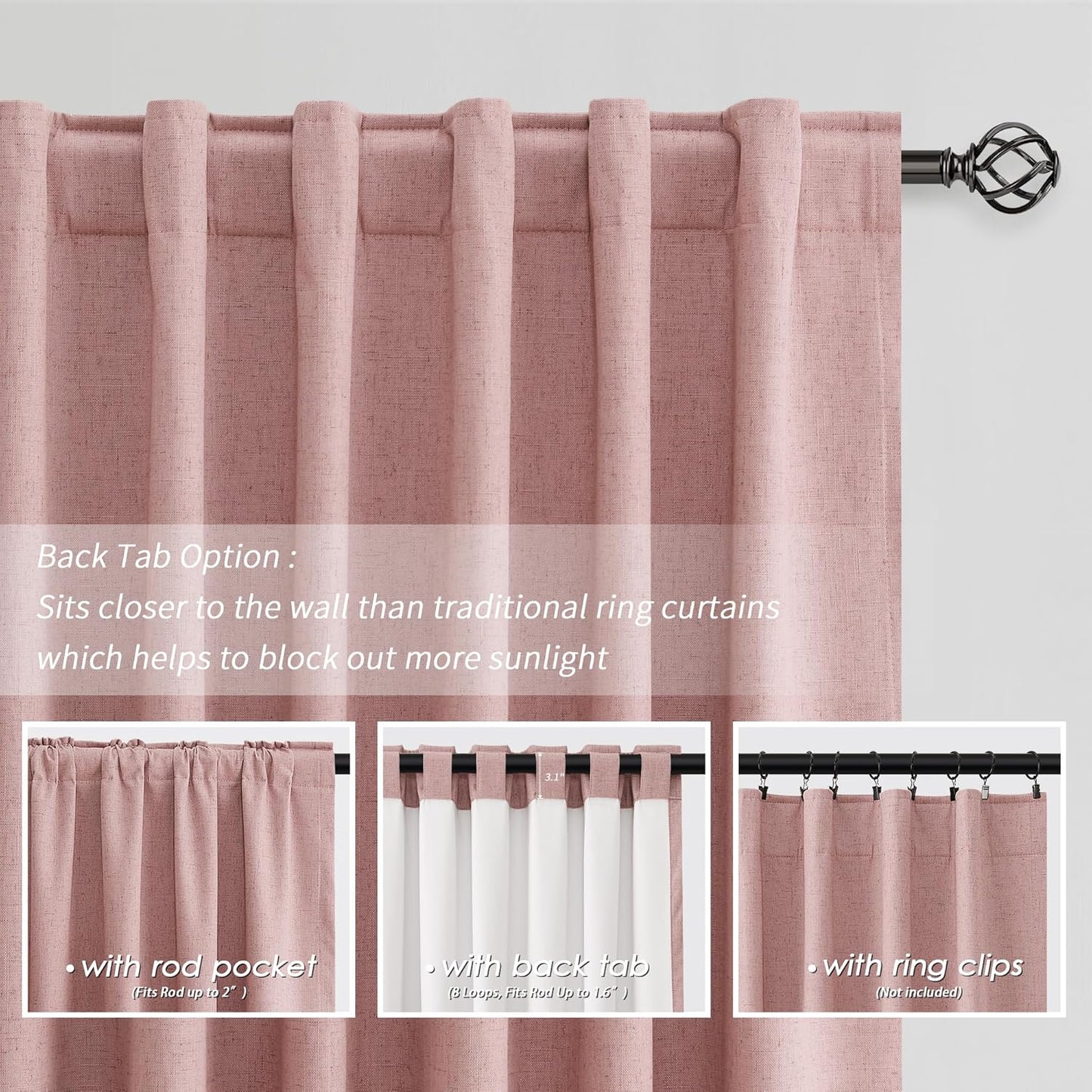 BOODII 100 Inch Blackout Curtains 2 Panels Set Back Tab Rod Pocket Thermal Insulated Blush Pink Linen Black Out Curtains Noise Reducing Living Room Darkening Window Drapes Linen Textured 52x100
