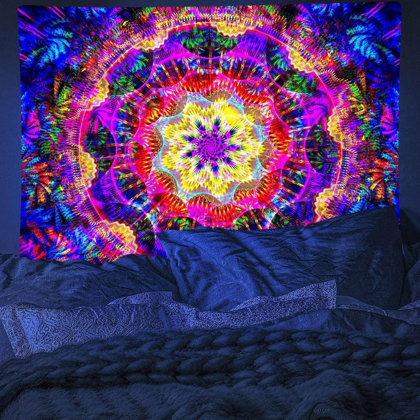 PSYHILAR Blacklight Mandala Tapestry for Bedroom, Psychedelic Black Light Posters for Adults and Teens, Colorful UV Reactive Aesthetic Bohemian Art Wall Hanging Decor (40 x 30 Inches)