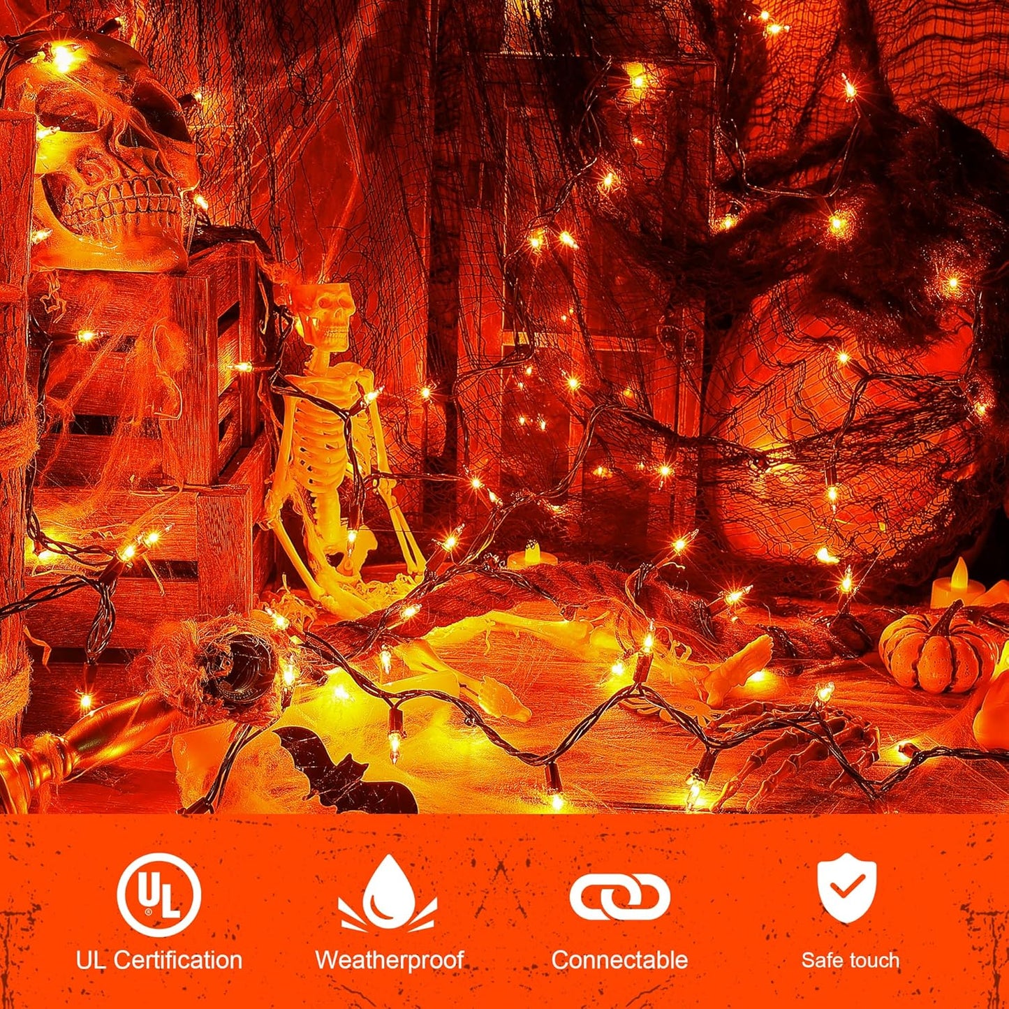 Orange Halloween Tree Lights with Green Wire,13ft 50 Incandescent Bulb Waterproof Fairy Lights，Plug in Mini String Lights for Christmas, Patio, Holiday, Party, Home, Indoor Outdoor Decor