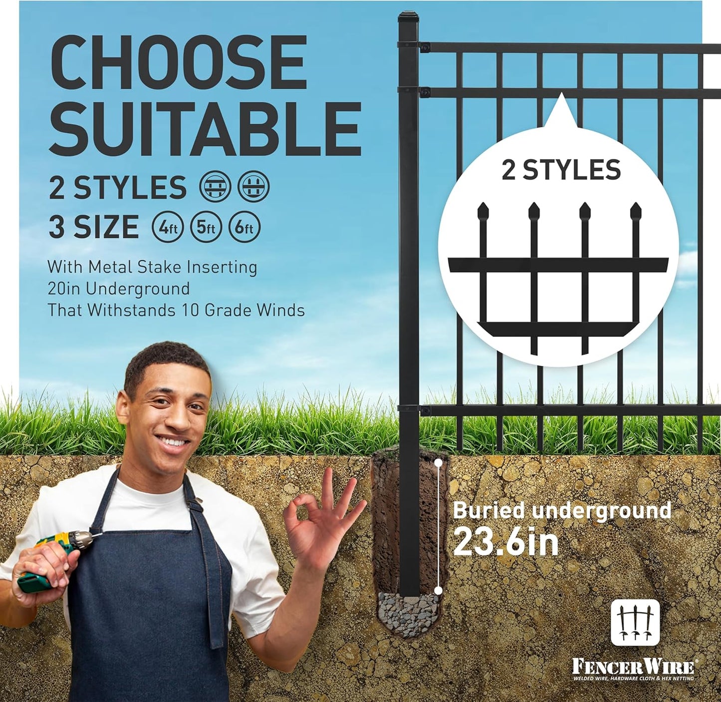 Fencer Wire 52FT Heavy Duty Flat Top Fence Barrier Kit, Anti-Rust Metal Steel Fence with 6FT Height X 8FT Width Panels, Gate, Posts, Connectors, 2” Diameter Outdoor Fencing for Yard, Pool, Patio