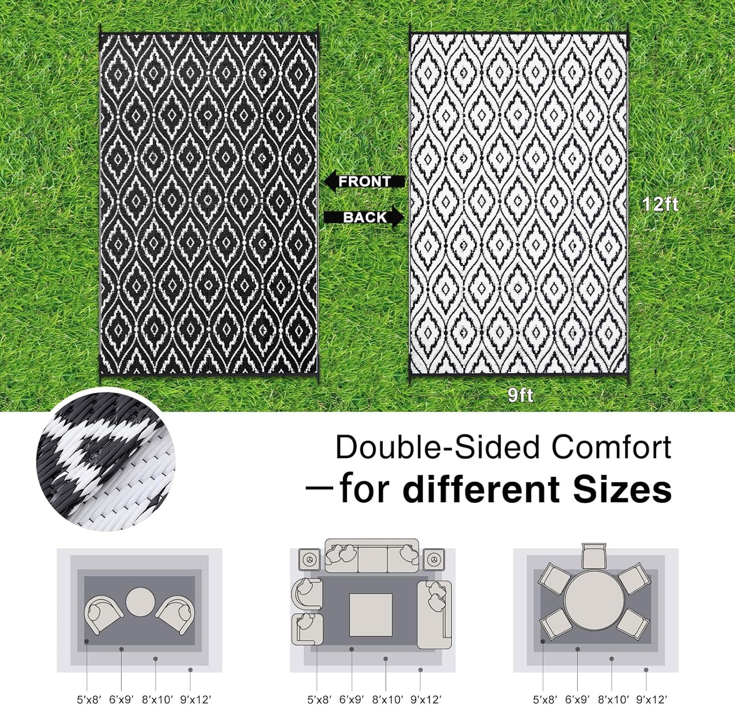OLANLY Outdoor Rug 9x12 ft Waterproof, Outdoor Plastic Straw Rug with Geometric Pattern Clearance, Reversible RV Mat for Patio, Camping, Balcony, Deck, Backyard, Black & White