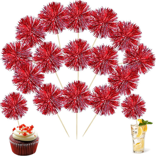 Ephlyn 30Pcs Foil Firework Cupcake Toppers Sparkle Tinsel Cupcake Picks Happy Birthday Cake Toppers Drink Stirrers Cocktail Food Fruit Toothpicks for Baby Shower Birthday Party Supplies Red