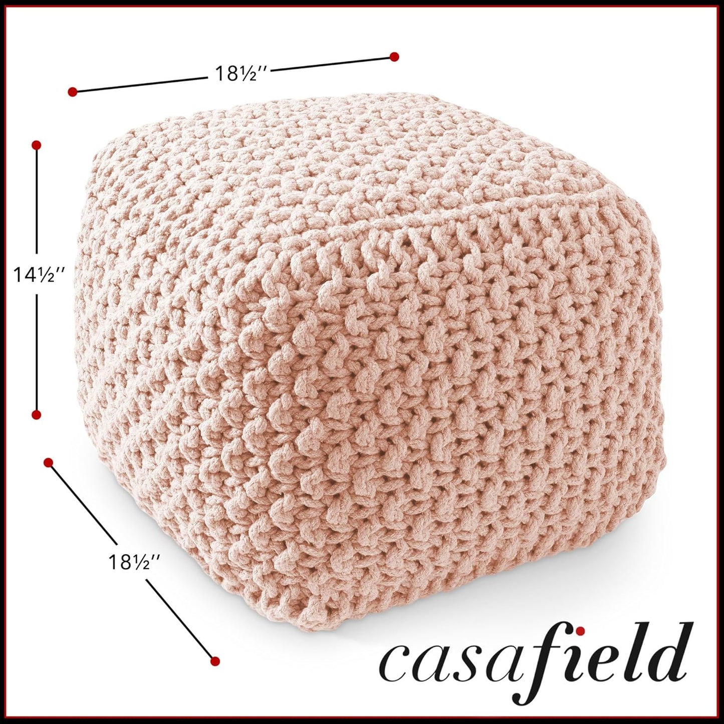 Casafield Square Pouf Ottoman, Light Pink 18.5" W x 18.5" D x 14.5" H Cotton Knit Foot Stool - Boho Floor Pouffe for Living Room, Bedroom, Home Office