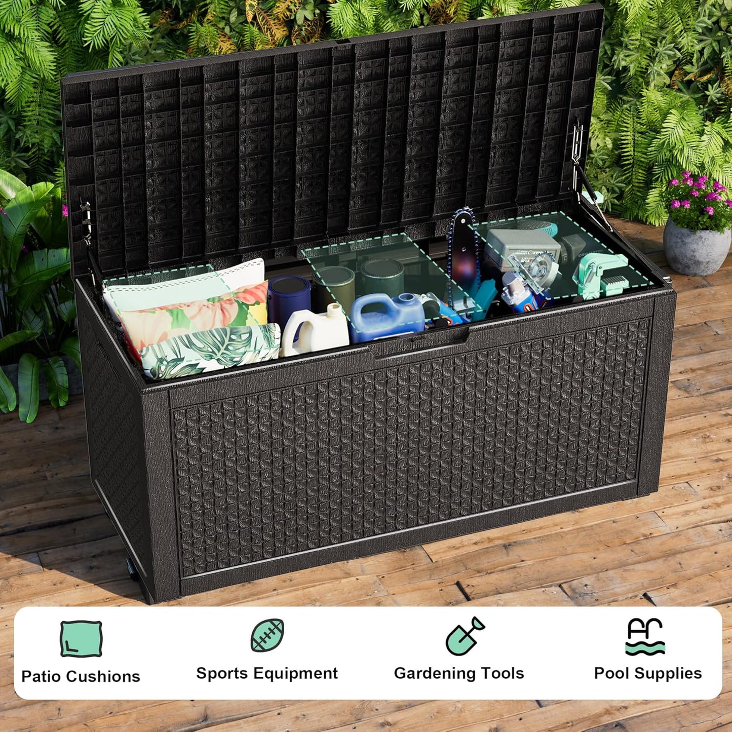 100 Gallon Resin Deck Box, Lockable Outdoor Storage Box for Patio Cushions Storage Furniture,Garden Tools, Pool Supplies, Weatherproof and UV Resistant（Black L）