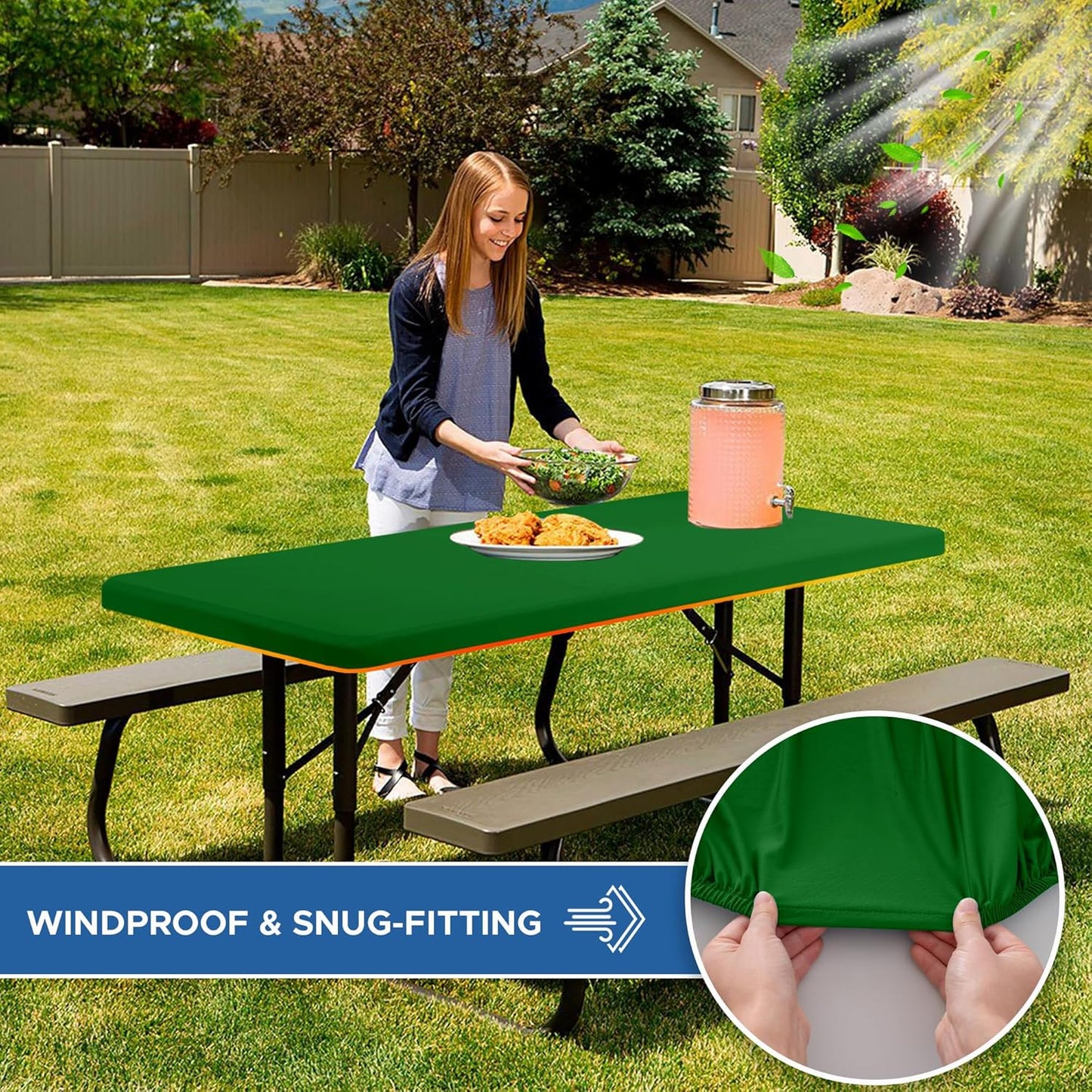 Fitted Tablecloth for 6 Foot Rectangle Tables-4 Pack Green Elastic Outdoor Picnic Table Cover-Spandex Stretch Folding Table Cloths 6 ft for Camping Dining Room Patio Kitchen Banquet Party