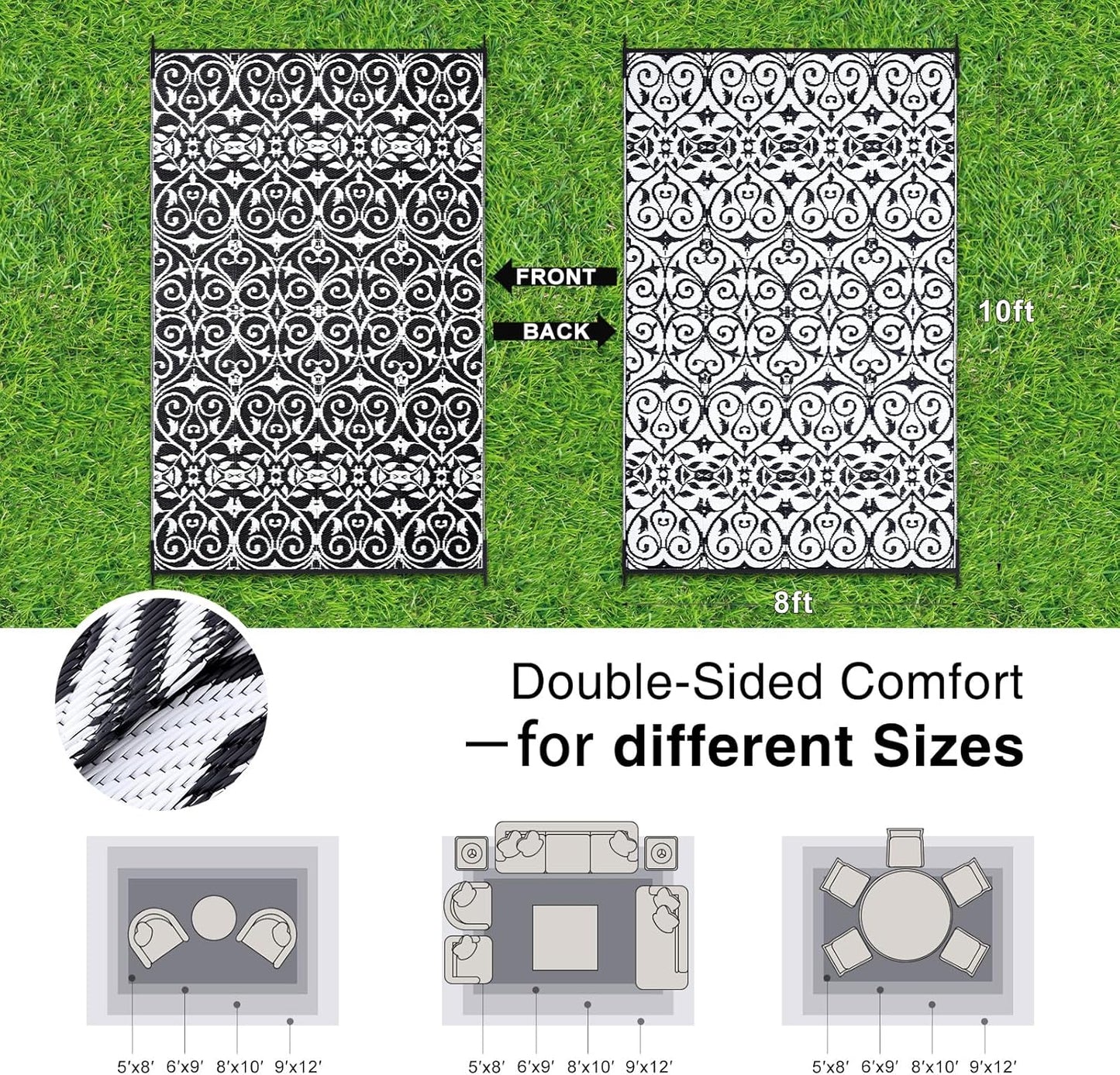 OLANLY Outdoor Rug Waterproof 8x10 ft Clearance, Reversible Outdoor Plastic Straw Rug with Floral Pattern, RV Mat for Patio, Camping, Balcony, Deck, Backyard, Black & White