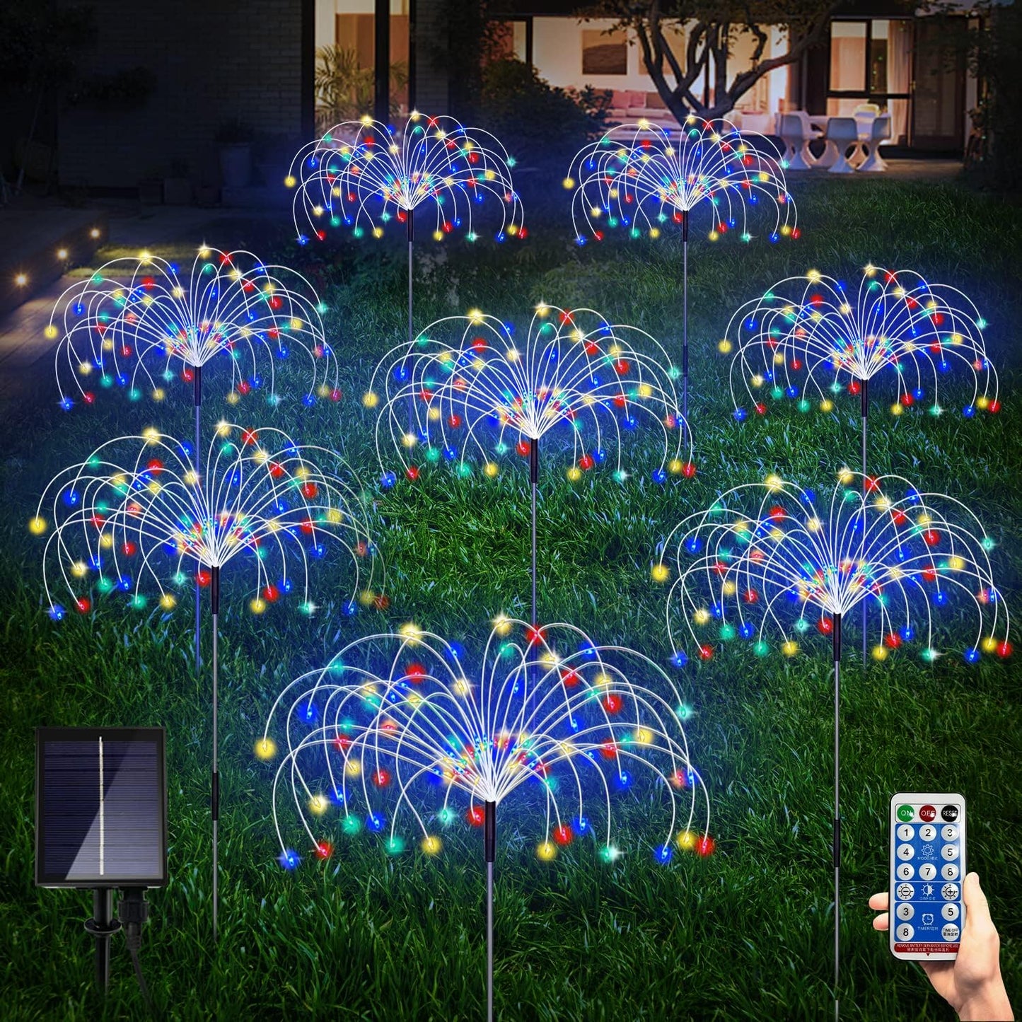 Solar Garden Firework Lights Outdoor 8 Pack, 8 Modes, 120 LED Waterproof Copper Wire DIY Solar Decorative Lights with Remote Control, for Yard Pathway Party Decor
