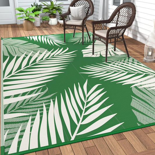 GENIMO Outdoor Rug 9' x 12' Waterproof for Patios Clearance, Reversible Outdoor Plastic Straw Camping Rug Carpet, Large Area Rugs Mats for RV, Picnic, Backyard, Deck, Balcony, Porch, Dark Green&White
