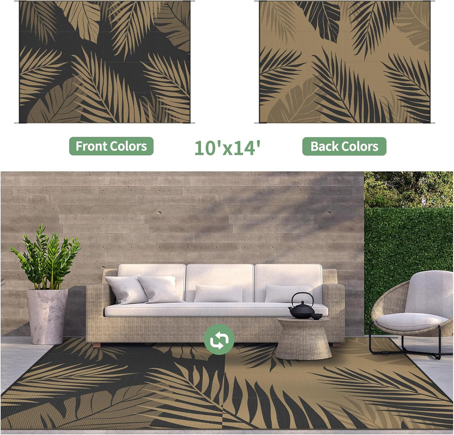 GENIMO Outdoor Rug 10' x 14' Waterproof for Patios Clearance, Reversible Outdoor Plastic Straw Camping Rug Carpet, Large Area Rugs Mats for RV, Camper, Deck, Balcony, Porch, Beach, Picnic, Black&Brown