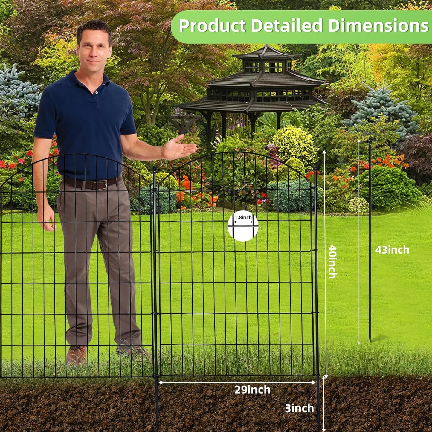 Decorative Garden Fence 40in (H) x12ft (L), 5 Pack No Dig Fence Animal Barrier for Dog, Arched Flower Bed Edging, Wire Border Panel Fencing for Yard Patio Outdoor Decor