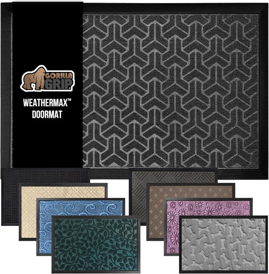GORILLA GRIP 100% Waterproof All-Season WeatherMax Doormat, US Designed Natural Rubber, Stain and Fade Resistant, Low Profile Indoor Outdoor Door Mats, Easy Clean Patio Mat, 17x29, Slate Geometric