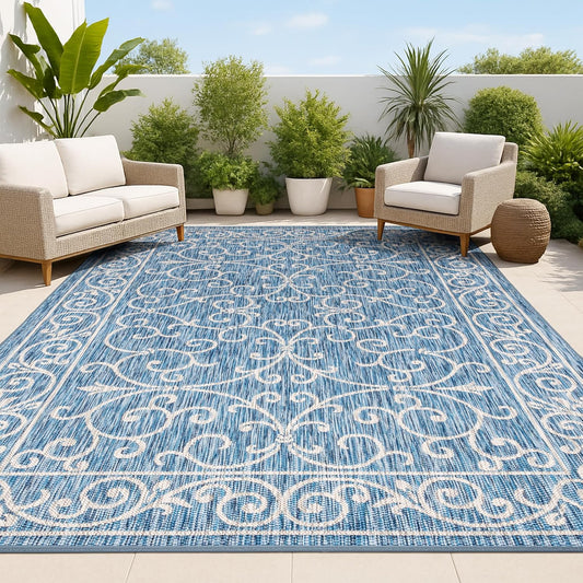 JONATHAN Y Vintage Filigree Indoor Outdoor Area Rug 8X10 Navy/Gray, Charleston Textured Weave for Backyard, Patio, Porch, Easy-Cleaning, High Traffic, Pet-Friendly, Non-Shedding (SMB106D-8)