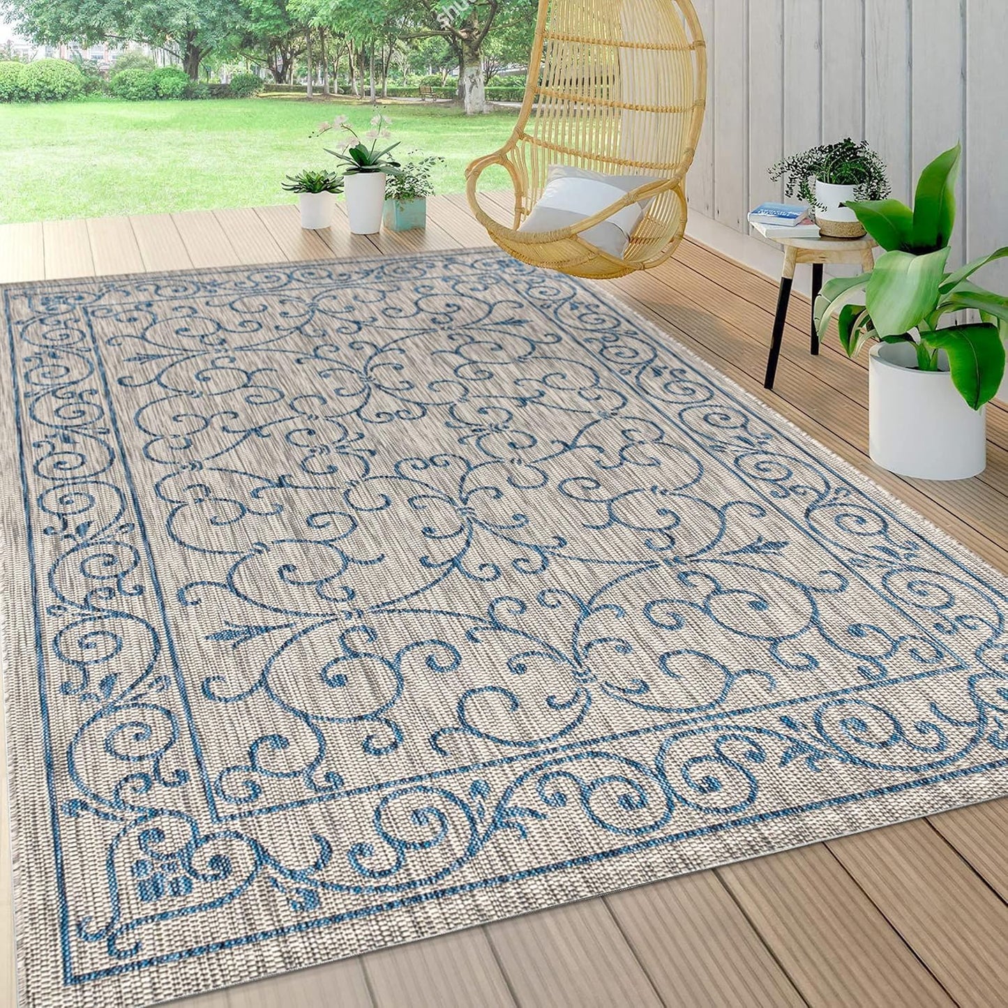 JONATHAN Y Vintage Filigree Indoor Outdoor Area Rug 9X12 Gray/Navy, Charleston Textured Weave for Backyard, Patio, Porch, Easy-Cleaning, High Traffic, Pet-Friendly, Non-Shedding (SMB106C-9)