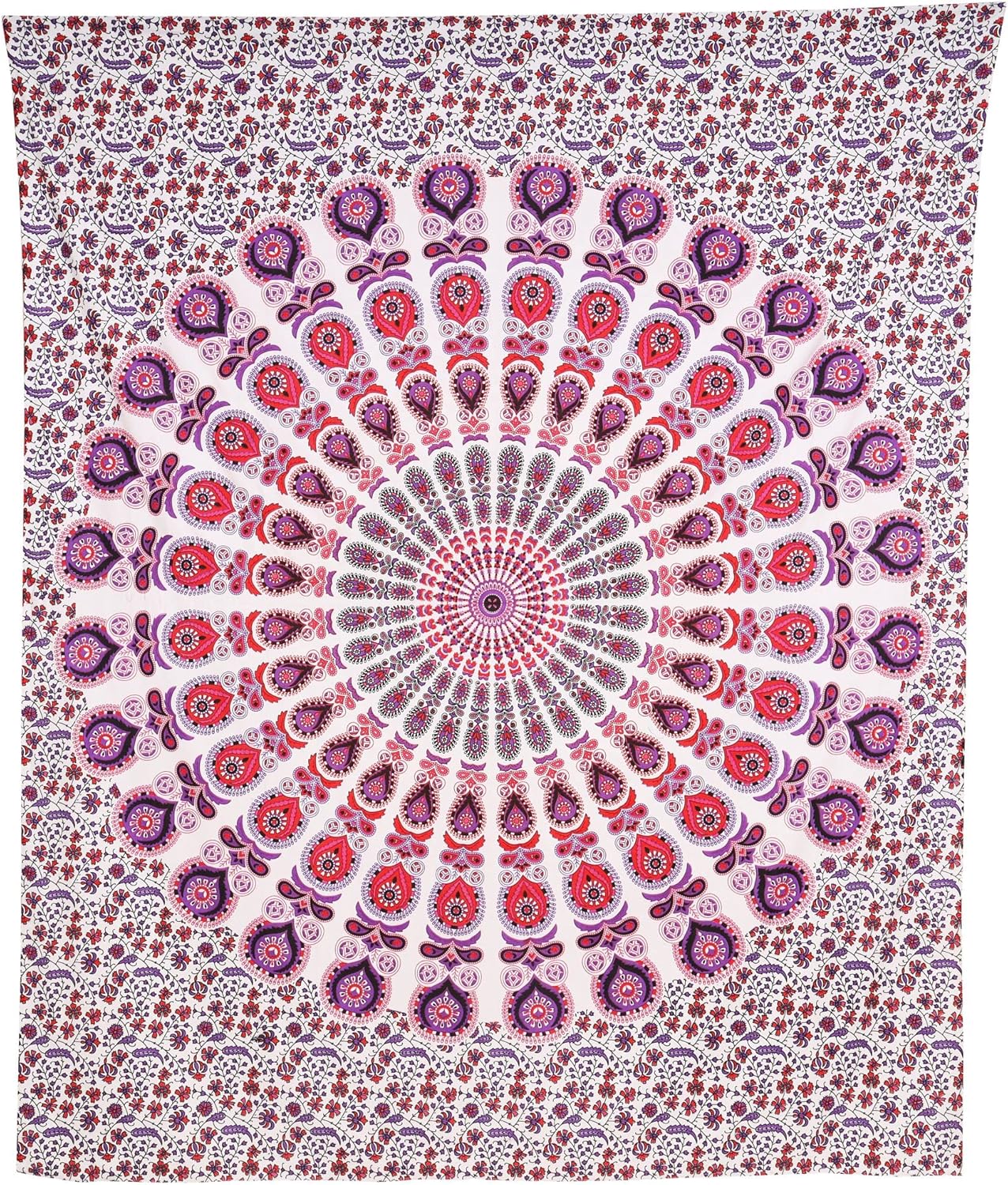 Bless International Handmade Indian hippie Bohemian Psychedelic Peacock Mandala Wall hanging College Dorm Beach Throws Table Cloth Bedding Tapestry (Pink Blue, King(88x104Inches)(225x265Cms))