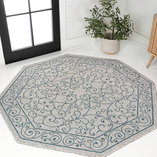 JONATHAN Y Vintage Filigree Indoor Outdoor Octagon Area Rug 5 Ft Gray/Teal, Charleston Textured Weave for Backyard, Patio, Porch, Easy-Cleaning, High Traffic, Pet-Friendly, Non-Shedding SMB106E-5TGN