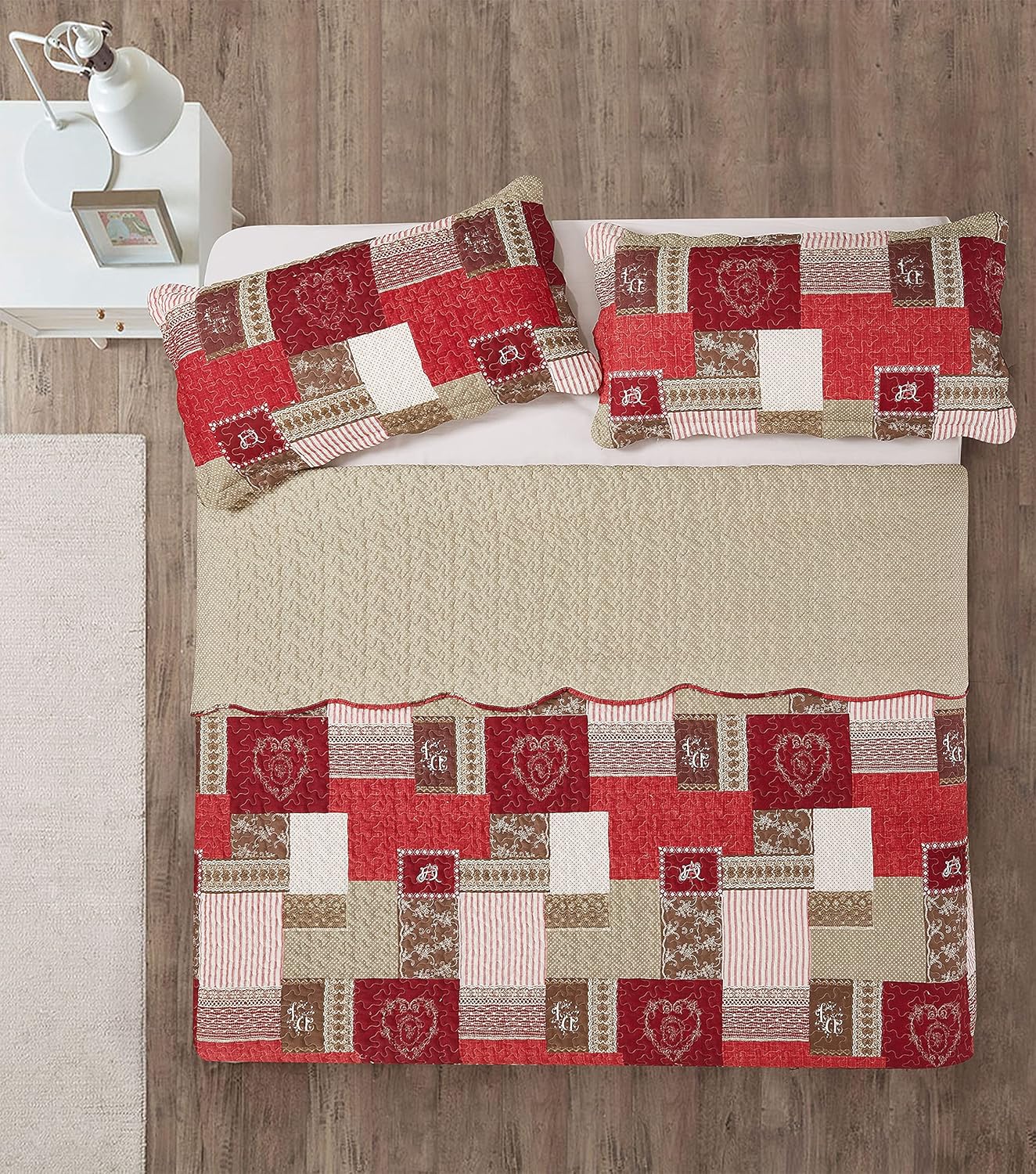 Brilliant Sunshine Burgundy Heart Love, Floral and Lace Patchwork, 3-Piece Quilt Set with 2 Shams, Reversible Bedspread, Soft Lightweight Coverlet, All-Season, King, Burgundy