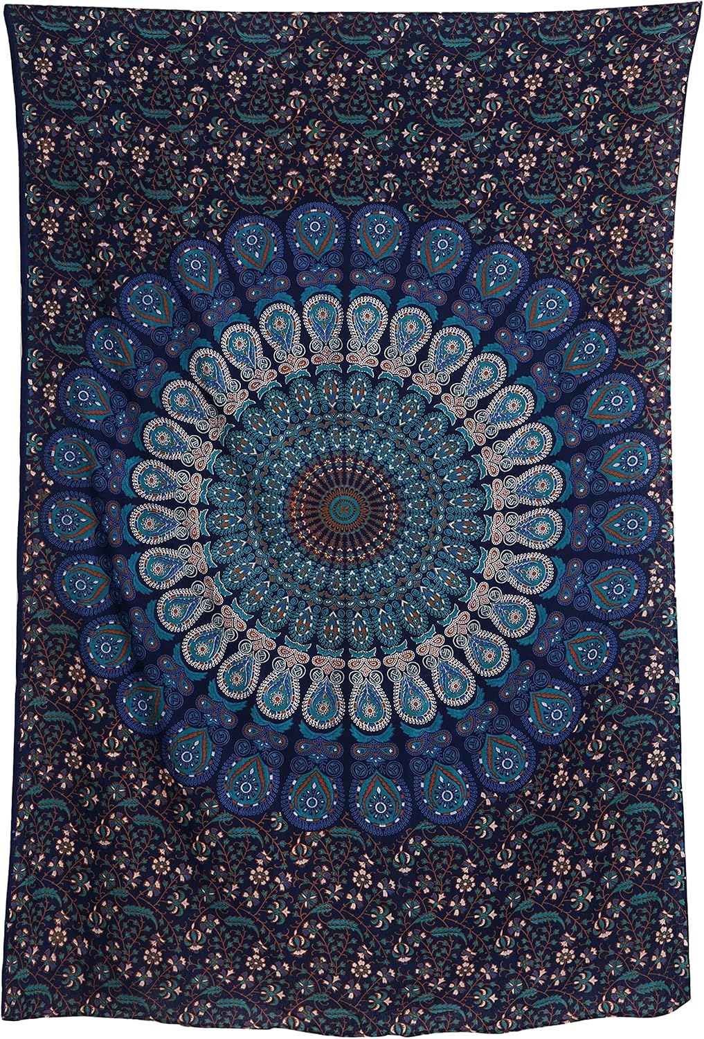 Bless International Handmade Indian hippie Bohemian Psychedelic Peacock Mandala Wall hanging College Dorm Beach Throws Table Cloth Bedding Tapestry (Blue Green, Medium(54x60Inches)(137x152cms))