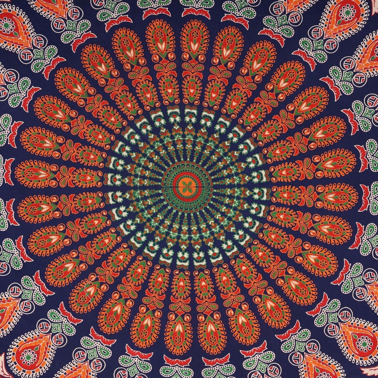 Bless International Handmade Indian hippie Bohemian Psychedelic Peacock Mandala Wall hanging College Dorm Beach Throws Table Cloth Bedding Tapestry (Golden Red Green, Queen(84x90Inches)(215x230Cms))