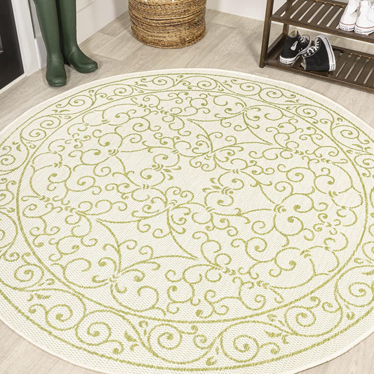 JONATHAN Y Vintage Filigree Indoor Outdoor Round Area Rug 5 Ft Cream/Green, Charleston Textured Weave for Backyard, Patio, Porch, Easy-Cleaning, High Traffic, Pet-Friendly, Non-Shedding (SMB106I-5R)