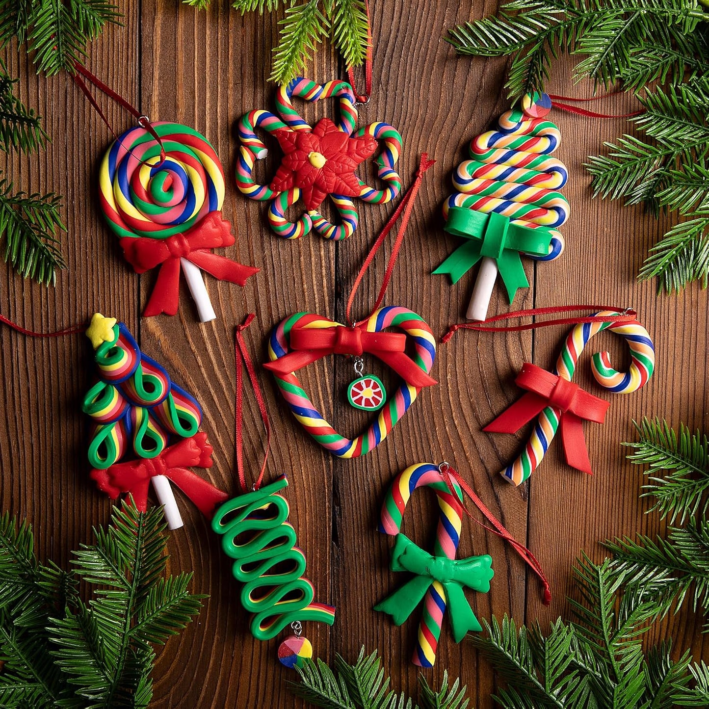 codree 8 Pcs Christmas Lollipop Ornaments- Rainbow Candy Cane Hanging Ornaments for Christmas Tree- Christmas Candies Polymer Clay Ornament for Xmas Tree Party Decoration, E-8pcs