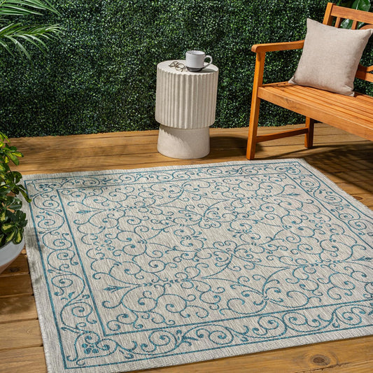 JONATHAN Y Vintage Filigree Indoor Outdoor Square Area Rug 8X8 Gray/Teal, Charleston Textured Weave for Backyard, Patio, Porch, Easy-Cleaning, High Traffic, Pet-Friendly, Non-Shedding (SMB106E-8SQ)