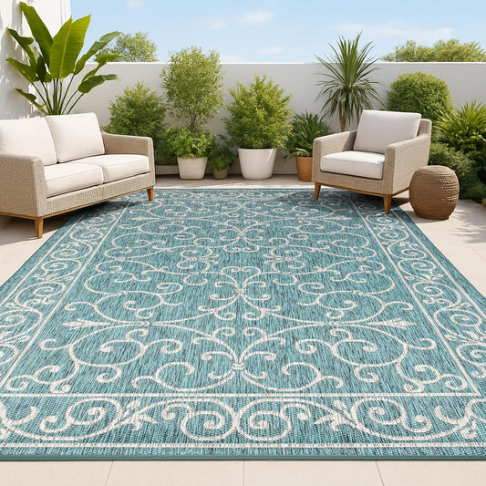 JONATHAN Y Vintage Filigree Indoor Outdoor Area Rug 9X12 Teal/Gray, Charleston Textured Weave for Backyard, Patio, Porch, Easy-Cleaning, High Traffic, Pet-Friendly, Non-Shedding (SMB106F-9)