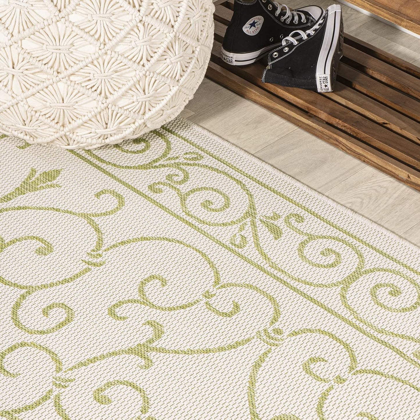 JONATHAN Y Vintage Filigree Indoor Outdoor Runner Rug 2X10 Cream/Green, Charleston Textured Weave for Backyard, Patio, Porch, Easy-Cleaning, High Traffic, Pet-Friendly, Non-Shedding (SMB106I-210)