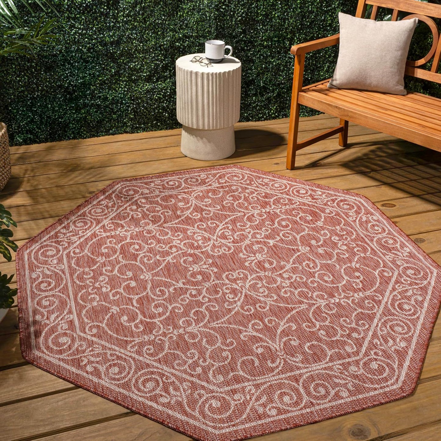 JONATHAN Y Vintage Filigree Indoor Outdoor Octagon Area Rug 8 Ft Red/Beige, Charleston Textured Weave for Backyard, Patio, Porch, Easy-Cleaning, High Traffic, Pet-Friendly, Non-Shedding SMB106B-8TGN