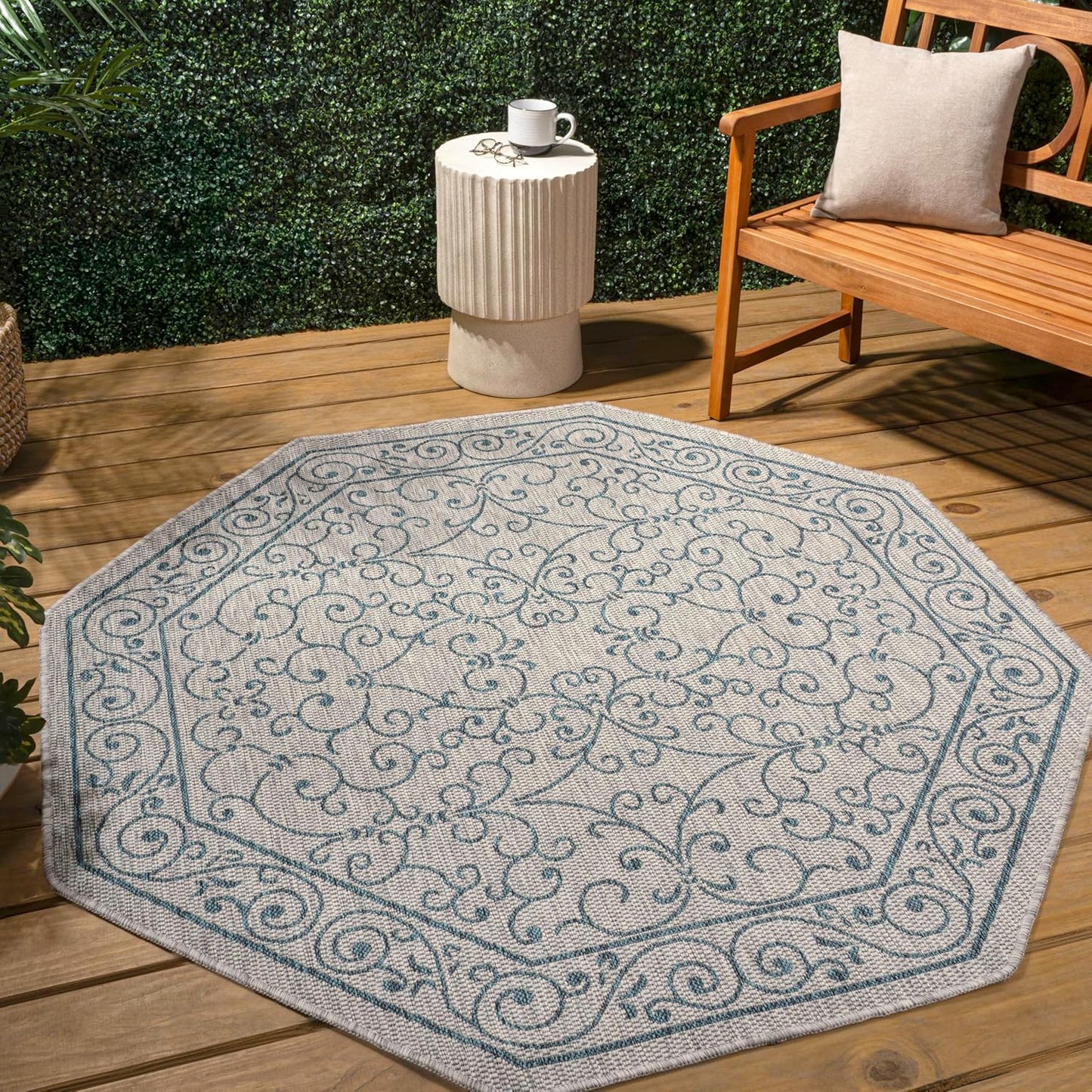 JONATHAN Y Vintage Filigree Indoor Outdoor Octagon Area Rug 8 Ft Gray/Teal, Charleston Textured Weave for Backyard, Patio, Porch, Easy-Cleaning, High Traffic, Pet-Friendly, Non-Shedding SMB106E-8TGN