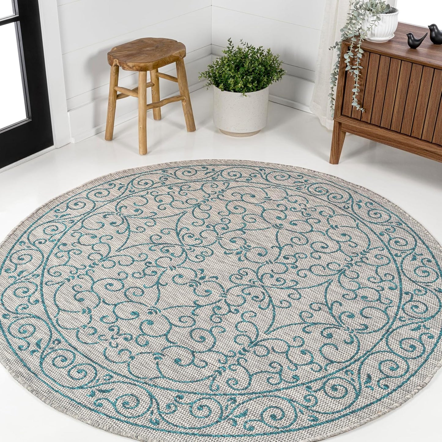 JONATHAN Y Vintage Filigree Indoor Outdoor Round Area Rug 5 Ft Gray/Teal, Charleston Textured Weave for Backyard, Patio, Porch, Easy-Cleaning, High Traffic, Pet-Friendly, Non-Shedding (SMB106E-5R)