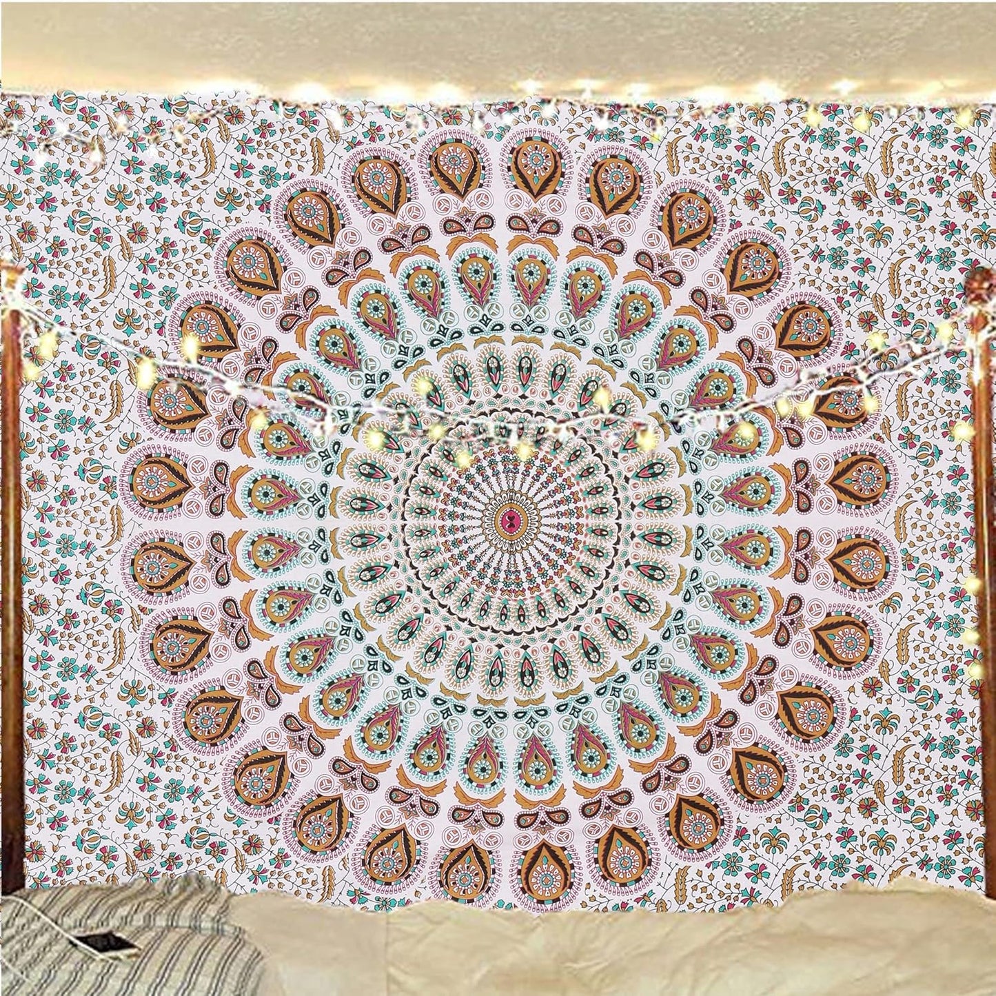 Bless International Handmade Indian hippie Bohemian Psychedelic Peacock Mandala Wall hanging College Dorm Beach Throws Table Cloth Bedding Tapestry (Floral Gold, Medium(54x60Inches)(137x152cms))