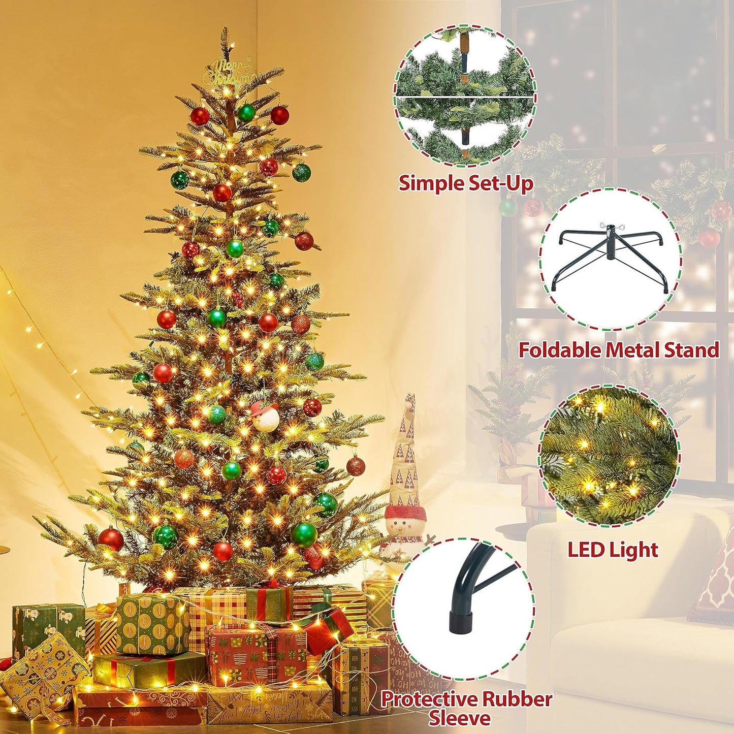 Yaheetech 6ft Pre-lit Aspen Fir Artificial Christmas Tree with 400 Incandescent Warm Lights Full Prelighted Xmas Tree w/828 Branch Tips & Foldable Stand for Home Holiday Decor, Green