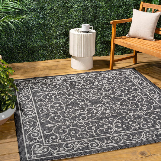 JONATHAN Y Vintage Filigree Indoor Outdoor Square Area Rug 3X3 Black/Gray, Charleston Textured Weave for Backyard, Patio, Porch, Easy-Cleaning, High Traffic, Pet-Friendly, Non-Shedding (SMB106G-3SQ)
