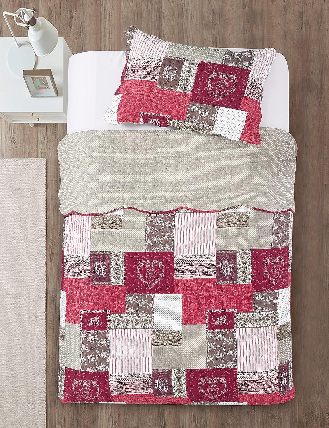 Brilliant Sunshine Burgundy Heart Love, Floral and Lace Patchwork, 2-Piece Quilt Set with 1 Sham, Reversible Bedspread, Soft Lightweight Coverlet, All-Season, Twin, Burgundy