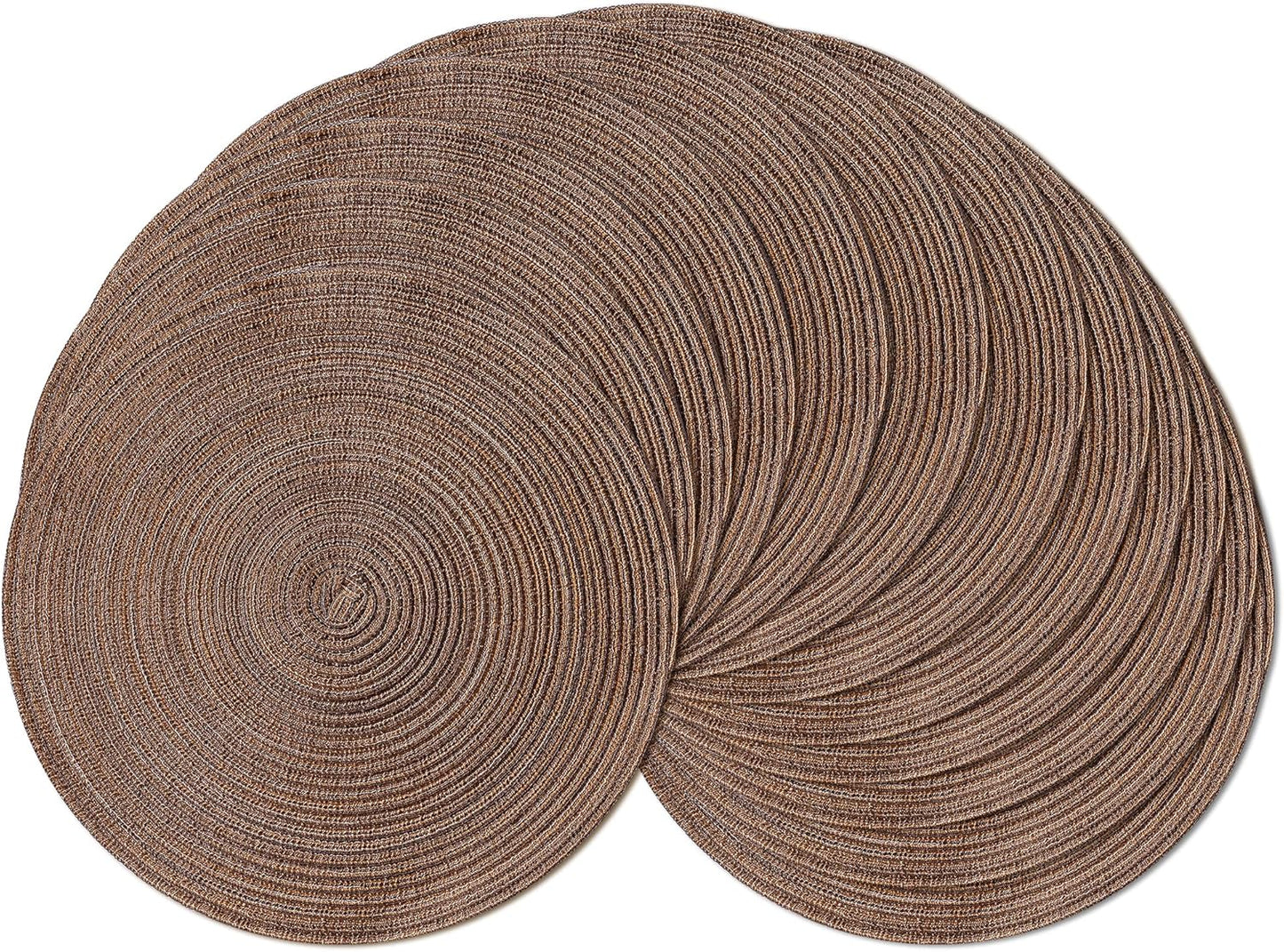 Leetaltree Round Placemats Heat and Slip Resistant Cotton Table Mats, Washable Bohemian Placemats for Dining Tables (Brown, Set of 12)