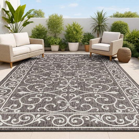JONATHAN Y Vintage Filigree Indoor Outdoor Area Rug 6X9 Black/Gray, Charleston Textured Weave for Backyard, Patio, Porch, Easy-Cleaning, High Traffic, Pet-Friendly, Non-Shedding (SMB106G-6)
