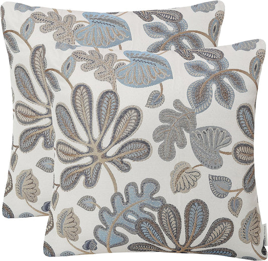 Set of 2 Jacquard Tropical Leaf Pattern Throw Pillow Covers Decorative Pillowcase 20X20 Inches,Blue Cream