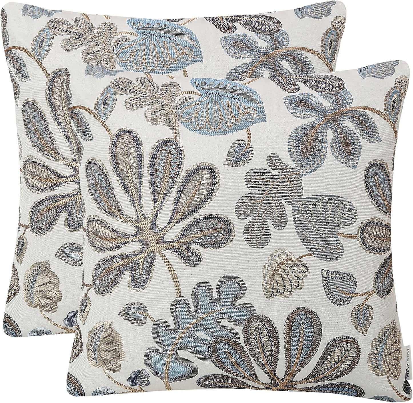 Set of 2 Jacquard Tropical Leaf Pattern Throw Pillow Covers Decorative Pillowcase 22X22 Inches,Blue Cream